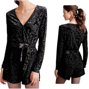 Saylor Black Velvet Burnout Romper Floral Belted Long Sleeve Anthropologie XS